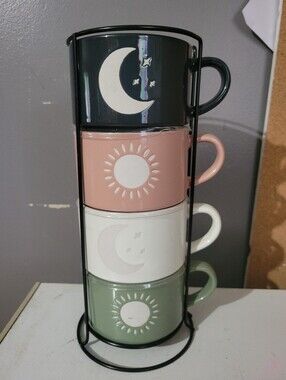 Stackable Sun & Moon Ceramic Mug Set - Black, Pink, White, Green